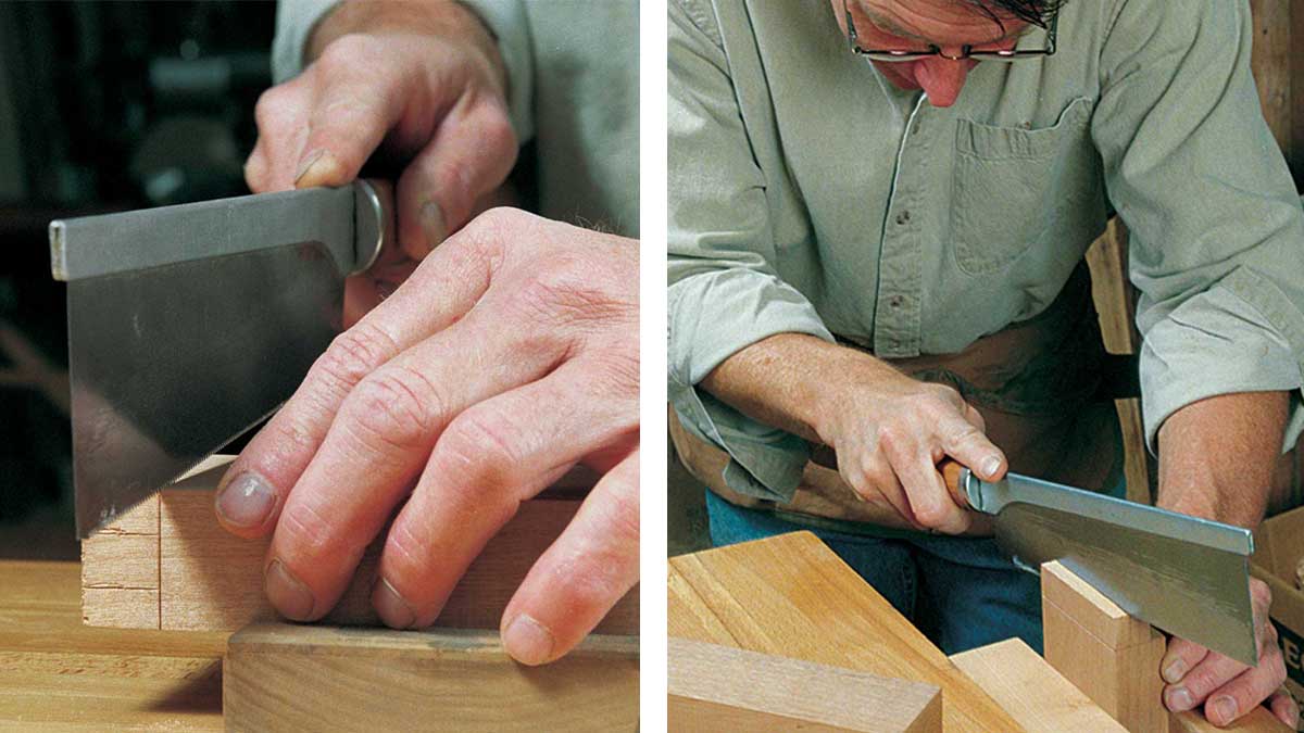 Backsaw to the line. To cut both the shoulder and the cheek, first saw at an angle on each side, then follow the kerf down the middle until the cut bottoms out.