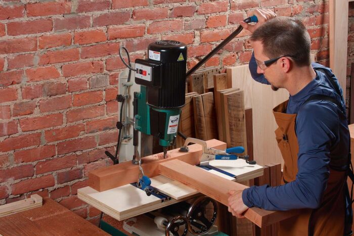 Different deal for the stretcher mortise. This one goes partway through the post tenon, so you need the post and foot to be dry-fit when cutting it.