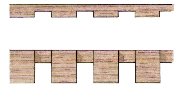 a drawing of a block dentil molding. Alternating squares of wood with a half-sized gap in between.