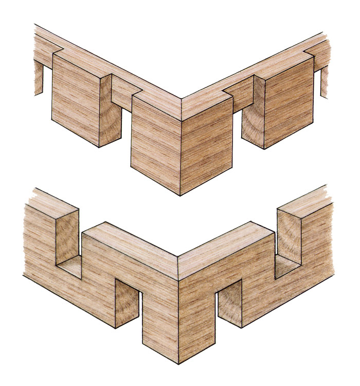 A drawing of a mitered block dentil molding and a mitered Greek key dentil molding.