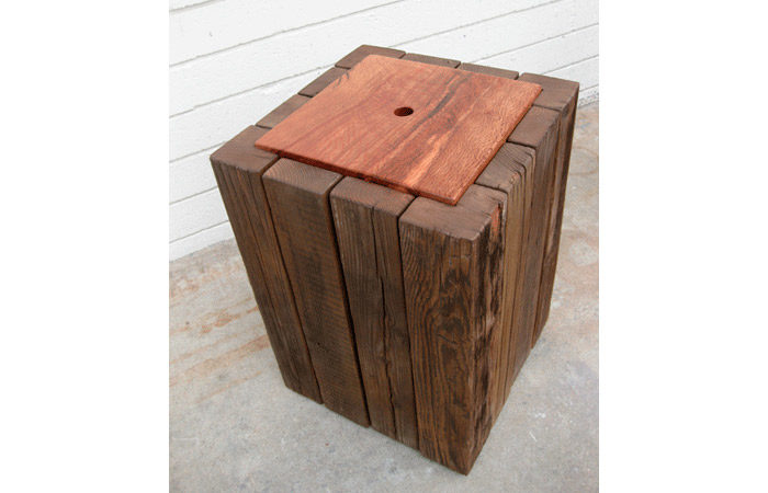 Reclaimed fence posts and black oak side table with internal shelf.