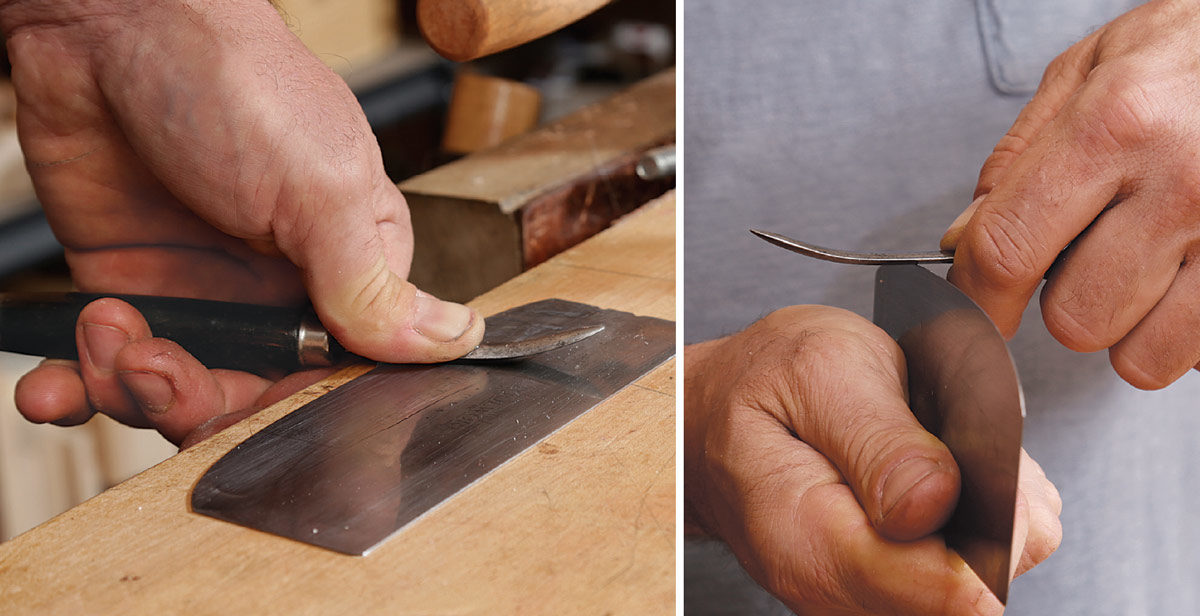 Peter Galbert turning a burr on a curved scraper