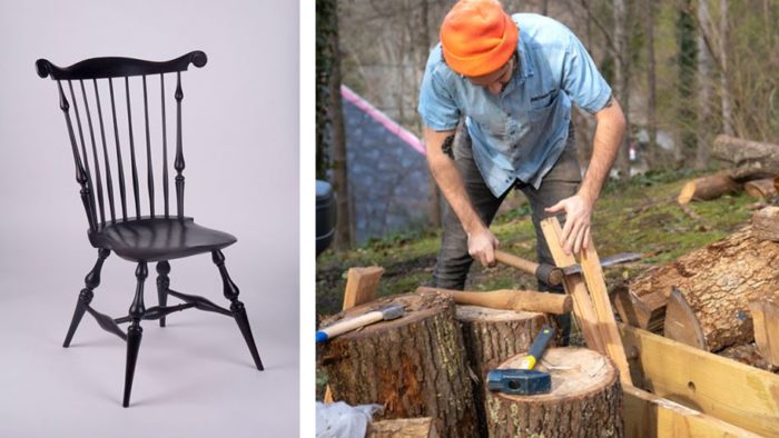 A Curtis Buchanan fanback chair, and Eric Cannizzaro splitting green oak with a froe.