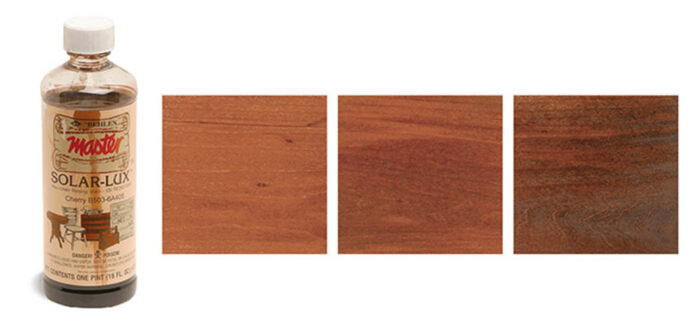 Showing the effects of Solar-Lux non grain rasing stain on wood samples using different mixing recipes.