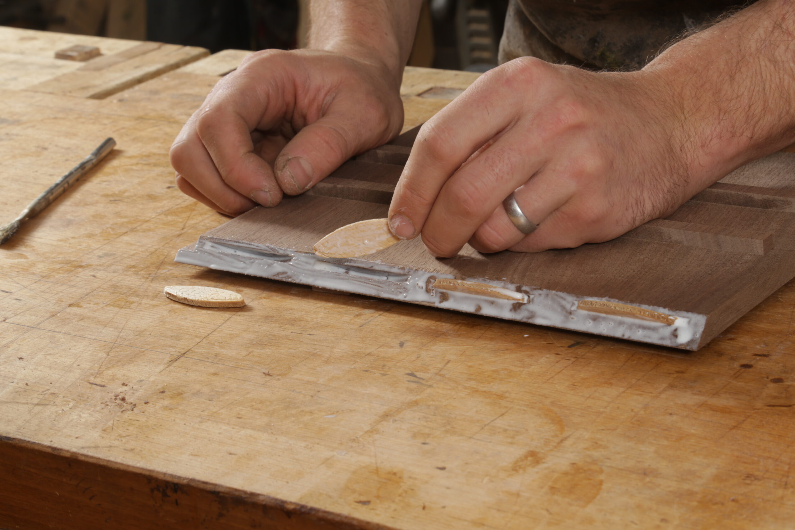 At the workbench, the author is putting the third biscuit into its slot. Two are already in place, and one is on the bench. The board is face-down on the bench. There is white glue on the mitered ends, the biscuits, and in the biscuit slots.