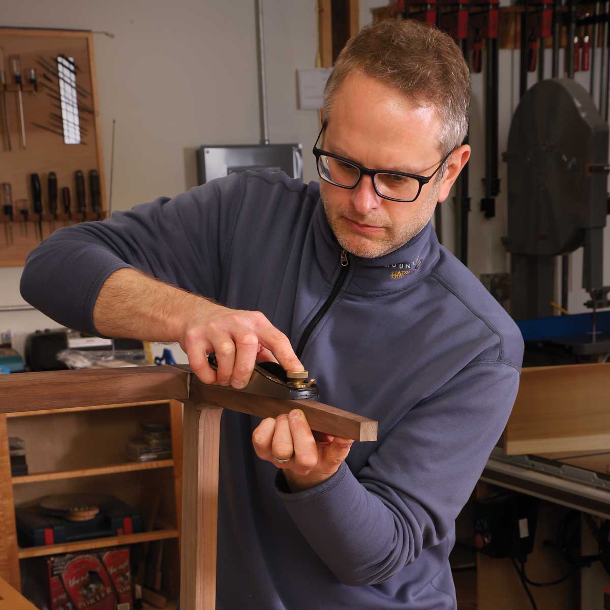 The block plane is handy for smoothing parts that are hard to clamp