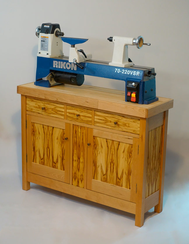 Lathe stand, made from cherry with spalted chenchen panels and drawer fronts. 