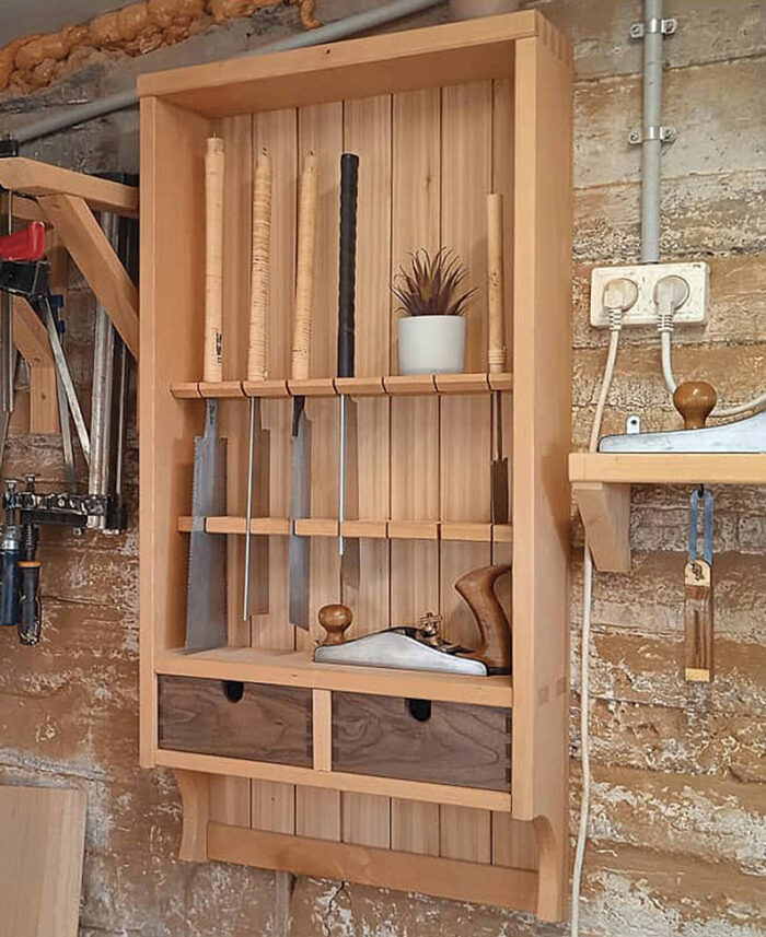 Japanese saw rack, beech, walnut, and cedar