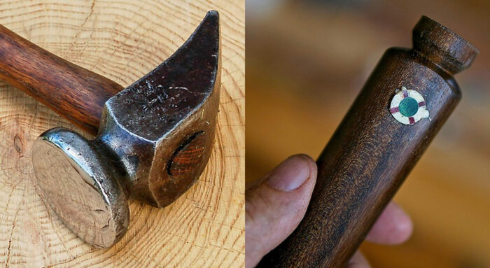 The final product of a handmade hammerhead and custom hammer handle inlay.