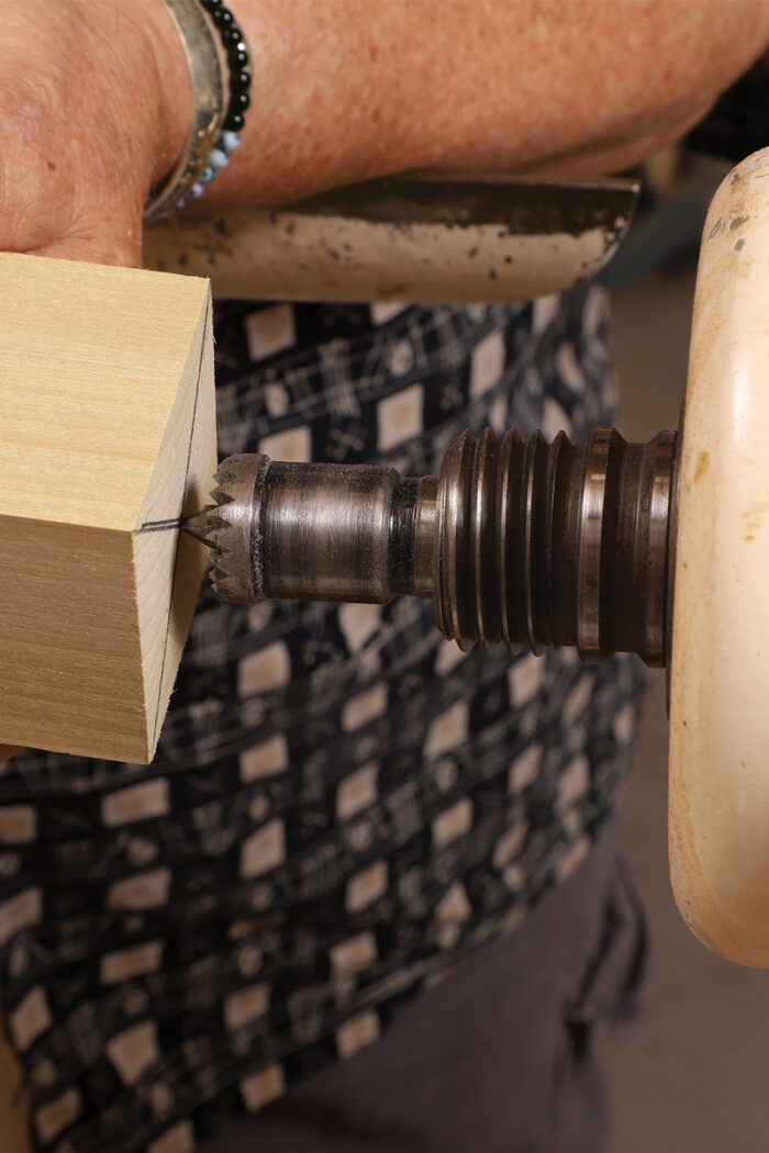 Drive center. In the lathe’s headstock, Ireland uses a spring-loaded spur called a steb, which makes it easy to get the workpiece on and off the lathe.