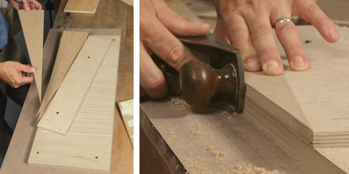 Joint the edges using a shooting board with an angled fence. This quick-to-make jig holds the segments at the appropriate angle for truing up their edges so they’re glue-ready later. To hold the segments flat to the jig, Eaton tops them with a wedge of 3⁄4-in. MDF.