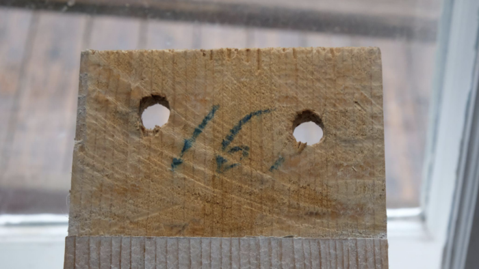 The handsawn splat tenon marked “16”