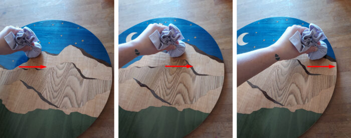 Applying shellac to veneer art with a rag