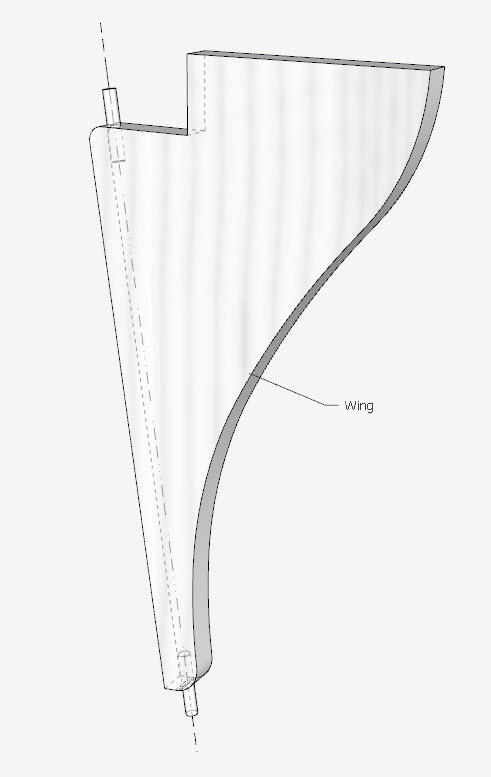 A drawing of the wing of a drop leaf table. It is showing the angle of the dowel joinery.