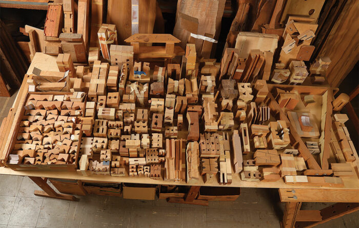 table full of different clamping blocks