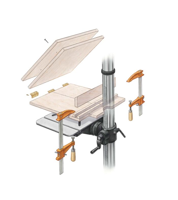 Illistration of all the parts to make the angled drill press table. 