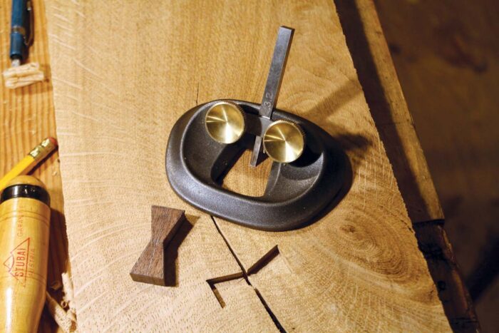 Melbourne tools small router plane sits in front of a bowtie and bowtie mortise to repair a small check. 