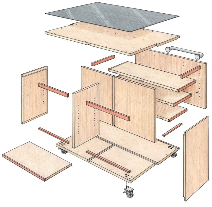 Mobile Table Saw Outfeed Table Packs In Storage